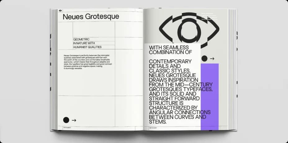 Open book showing a Neues Grotesque type specimen